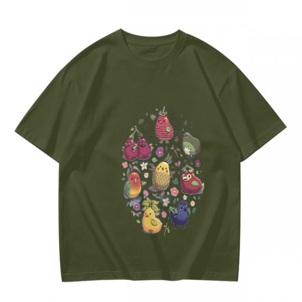 Olive Green T-Shirt With Whimsical Fruit Bird Graphic Print