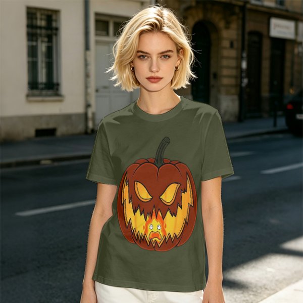 Olive Green T-Shirt With Scary Jack O' Lantern Pumpkin Print