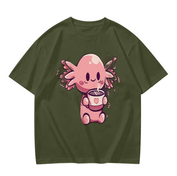 Olive T-Shirt With Cute Axolotl Holding Hot Drink Print
