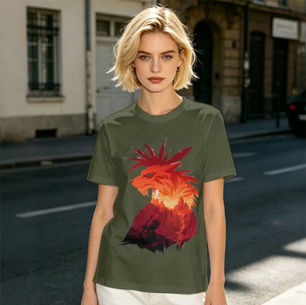 Olive T-Shirt With Fiery Lion Creature Graphic Print