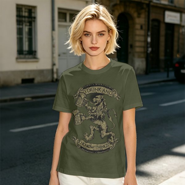 Olive T-shirt with 'I Drink And I Know Things' Lion Beer Graphic