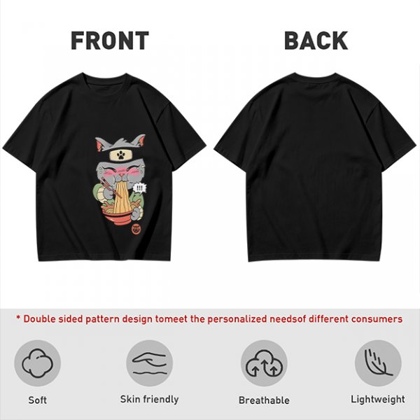 Olive green t-shirt with a ninja cat eating ramen graphic
