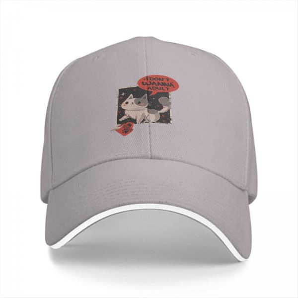 Black baseball cap with 'I don't wanna adult' cat graphic