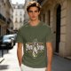 Olive green graphic t-shirt with zebra stripe design
