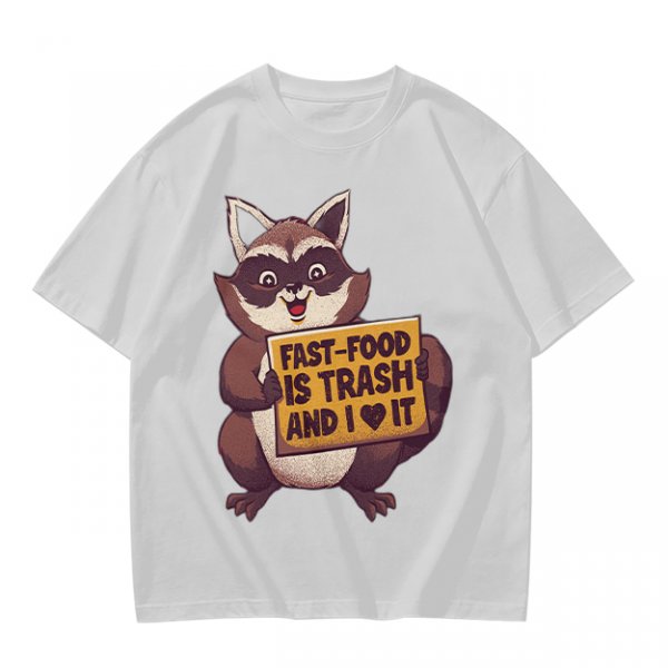 Olive t-shirt with a raccoon holding a fast food trash sign