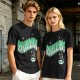 Olive green graphic t-shirt with 'Scandalacious' print and witch hat design