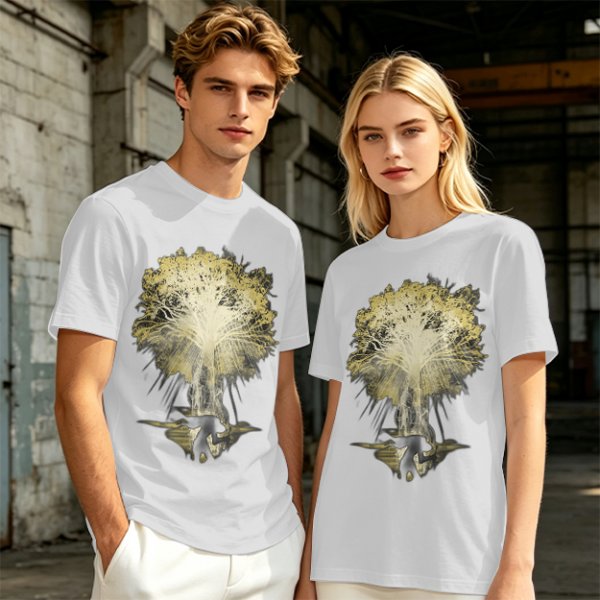 Olive Green T-Shirt With Glowing Tree Reflection Art