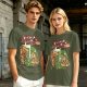 Olive green pizza graphic t-shirt with playful pizza slice characters