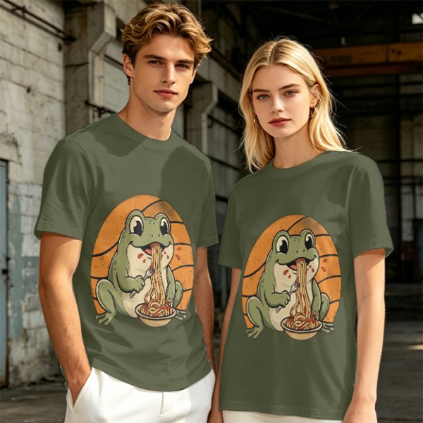 Olive Green T-Shirt Featuring a Frog Eating Spaghetti Graphic