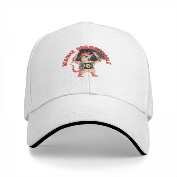 Black baseball cap with punk rat graphic and 'Become Ungovernable' text