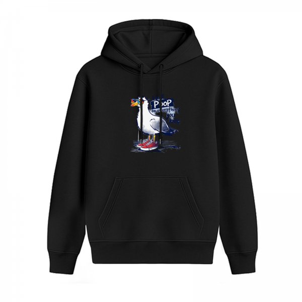 Black hoodie with a seagull wearing sneakers and funny text print