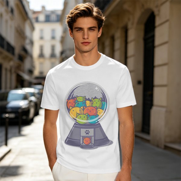 Olive T-Shirt With Cat Gumball Machine Artwork