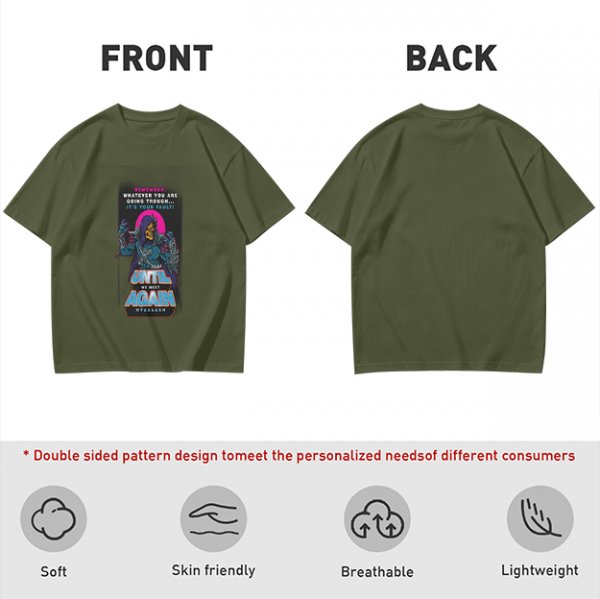 Olive graphic t-shirt with villain character and humorous text print