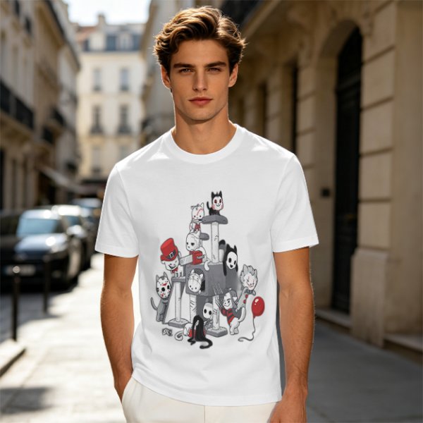 Horror Movie Character Cats On Cat Tree Graphic T-Shirt