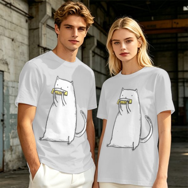 Olive T-Shirt With White Cat Playing Harmonica Graphic