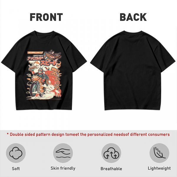 Olive green graphic tee with retro masked rider ramen motorcycle art