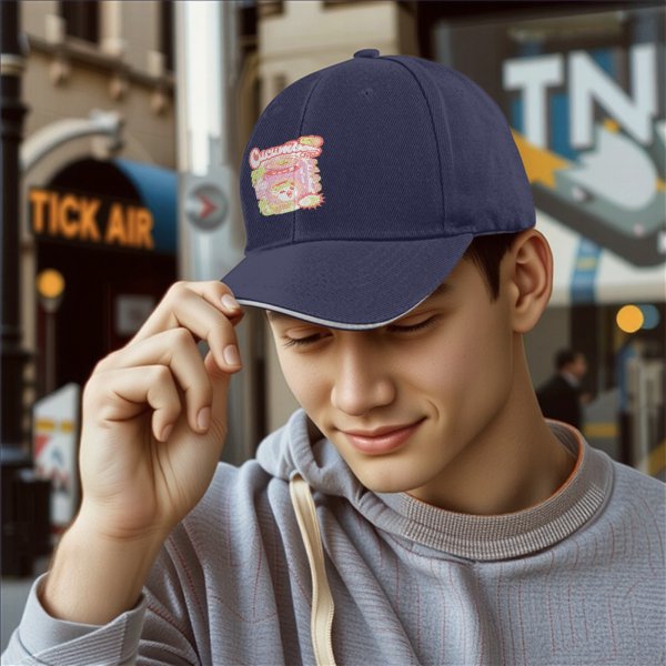 Black Baseball Cap With Pastel Cucumber Themed Graphic Print