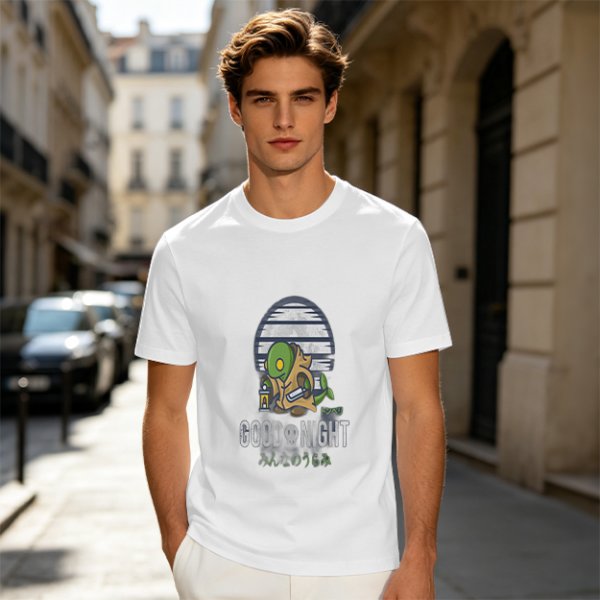 Olive green graphic t-shirt with Tonberry 'Good Night' print