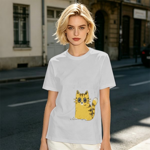 Olive Green T-Shirt With Surprised Yellow Tabby Cat Graphic