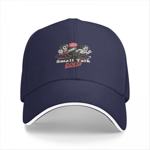 Black baseball cap with horror cartoon graphic and 'Small Talk Does' text