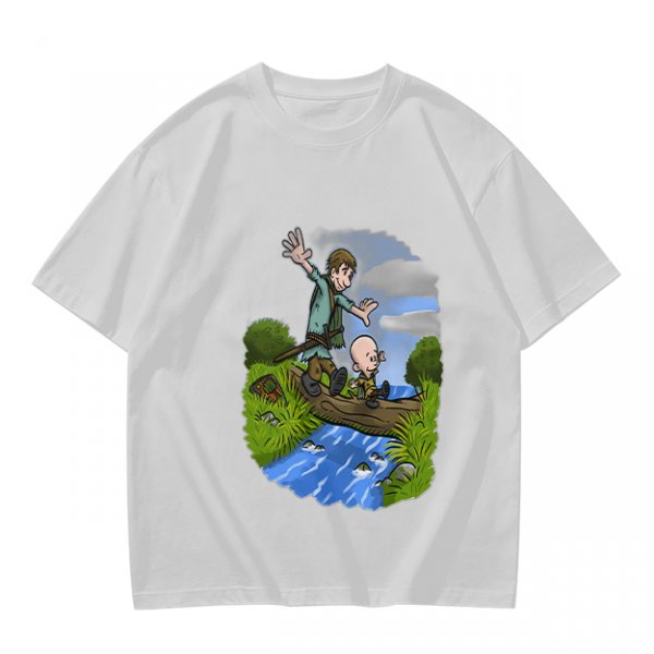 Olive T-shirt with Cartoon Boys Balancing on Log Over Stream