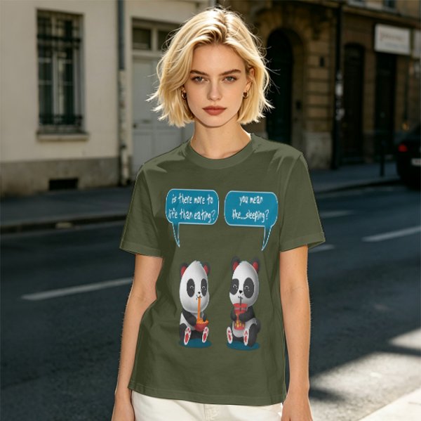Olive t-shirt with pandas discussing life beyond eating and sleeping