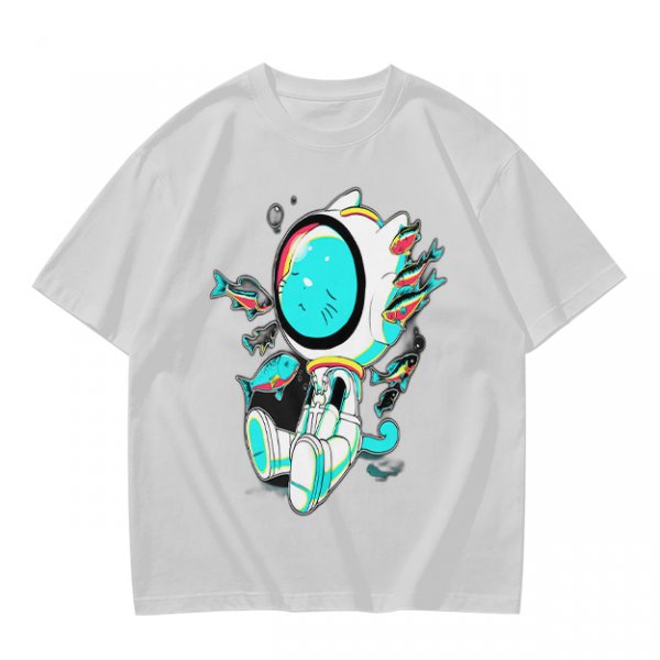 Olive T-Shirt with Astronaut Cat and Fish Graphic Print