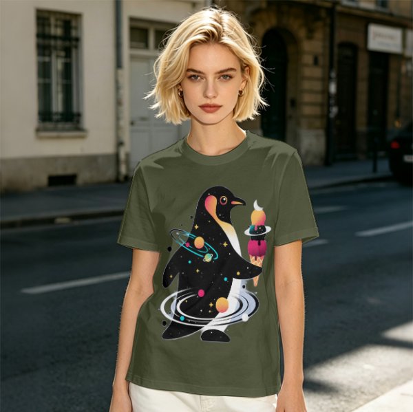 Olive T-Shirt With Cosmic Penguin And Ice Cream Print