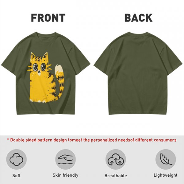 Olive Green T-Shirt With Cute Surprised Yellow Tabby Cat Graphic