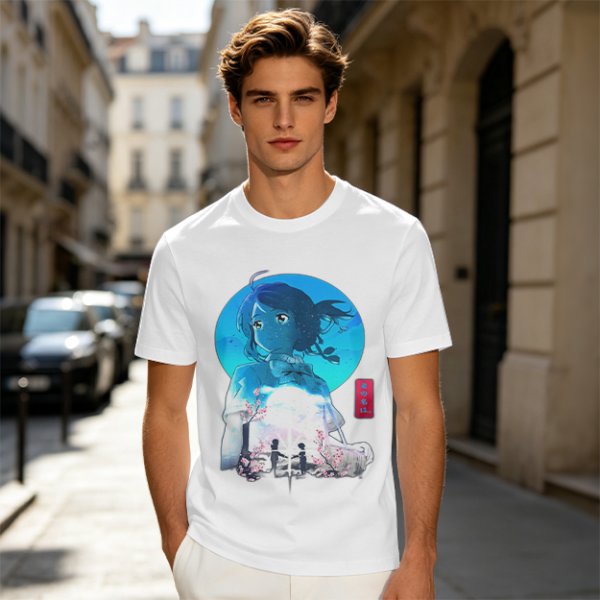 Anime girl cherry blossom scene graphic tee