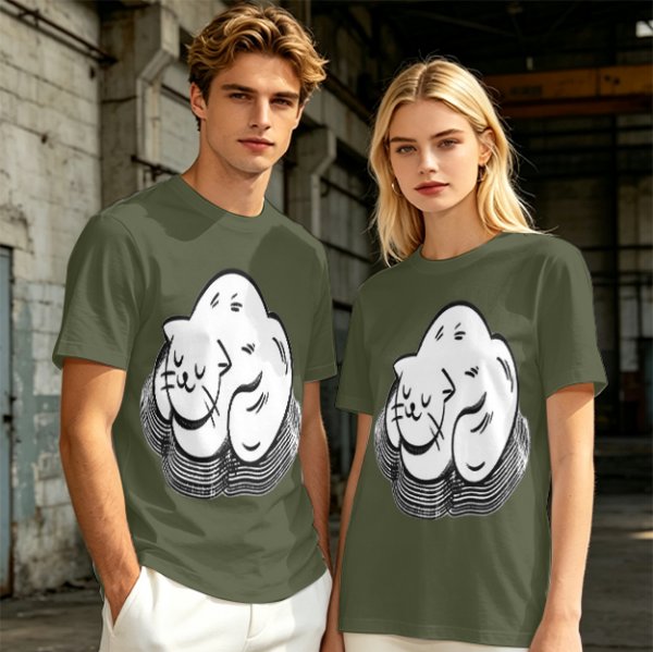 Olive Green T-Shirt With Sleeping Curled Cat Graphic Print