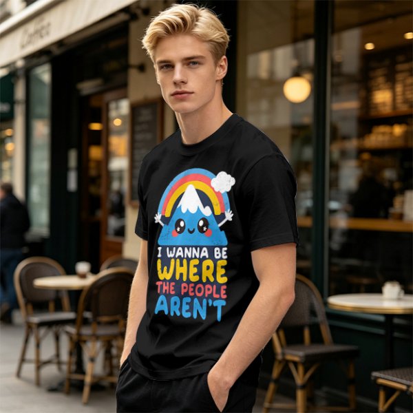 Olive graphic tee with cute mountain rainbow and 'I Wanna Be Where The People Aren't' text