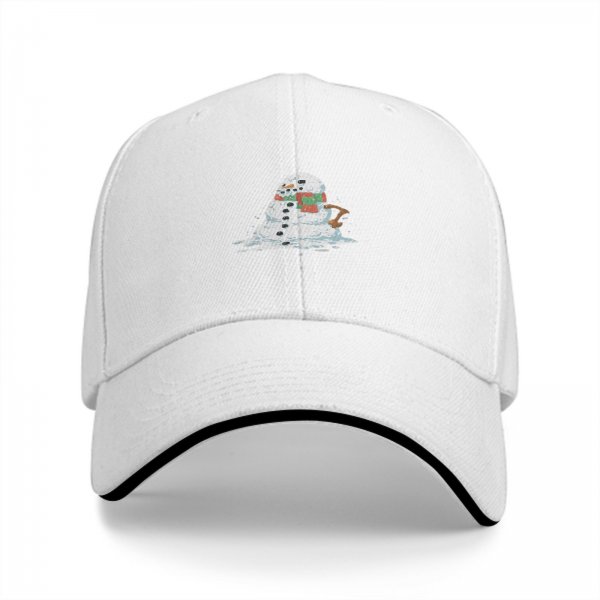 Black baseball cap with a melting snowman graphic for winter style