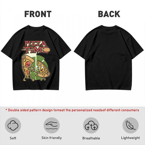 Olive green pizza graphic t-shirt with playful pizza slice characters