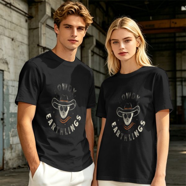 Olive t-shirt with alien cowboy howdy earthlings graphic
