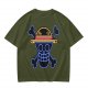 Olive T-Shirt with Neon Style Straw Hat Pirate Skull Print
