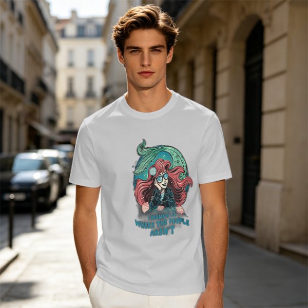 Olive t-shirt with modern mermaid graphic and 'I wanna be where the people aren't' text