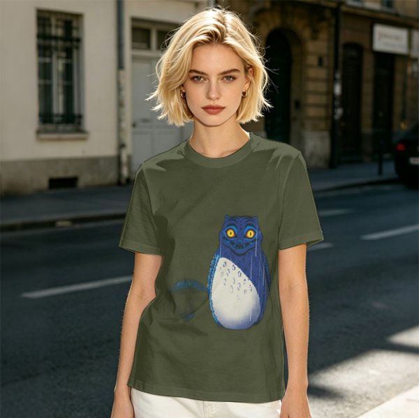 Olive T-Shirt With Blue Whimsical Creature Graphic Print