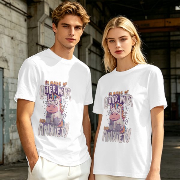 Olive t-shirt with anxious unicorn glitter water and anxiety print