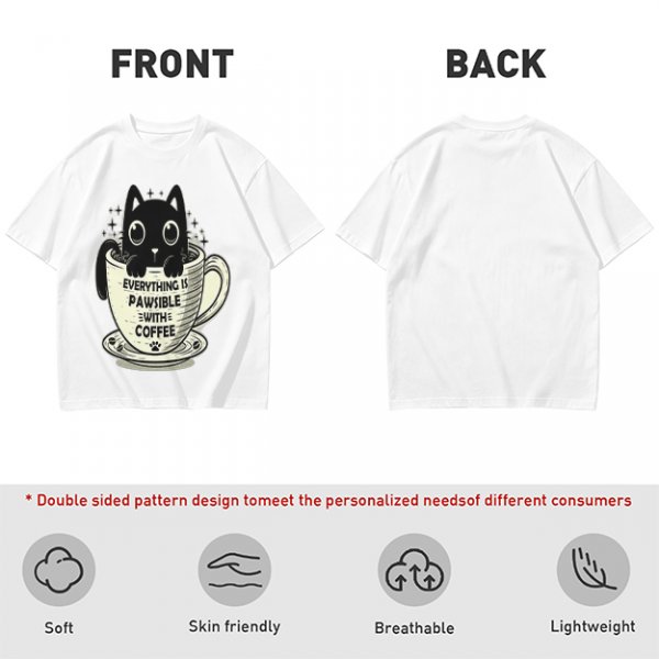 Olive T-Shirt With Black Cat In Coffee Cup 'Everything Is Pawsible With Coffee' Print