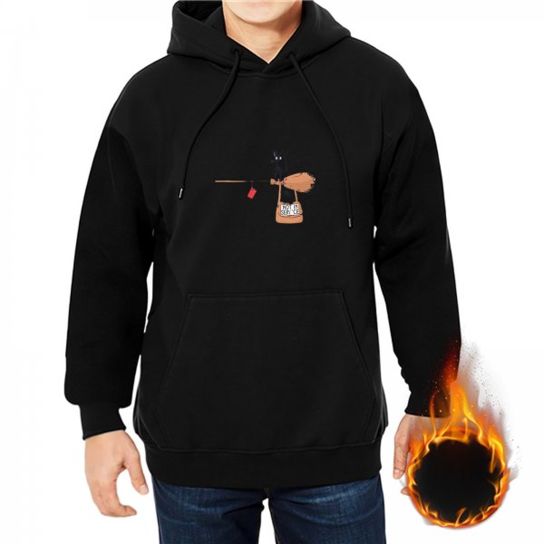 Black Hoodie With Witch Broom And Cat Graphic Print