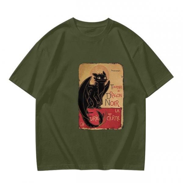 Olive t-shirt with vintage black dragon print design