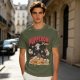 Olive green graphic t-shirt with playful pupperoni pizza dog design