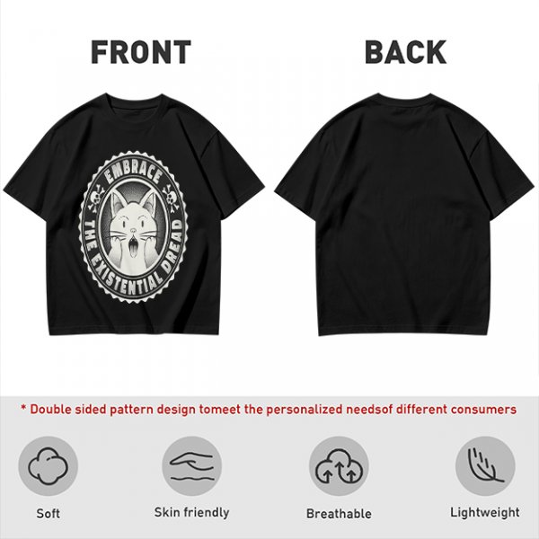 Olive t-shirt with 'Embrace the Existential Dread' screaming cat graphic