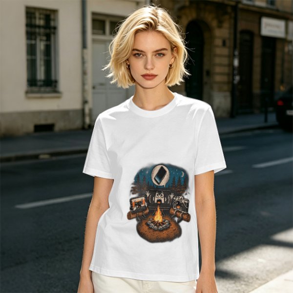 Oversized Army Green T-Shirt With Funny Tech Campfire Graphic