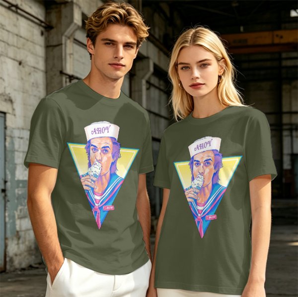 Olive T-Shirt with Steve Harrington Scoops Ahoy Ice Cream Graphic