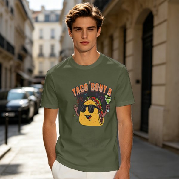 Olive taco graphic t-shirt with 'TACO 'BOUT A' text and margarita