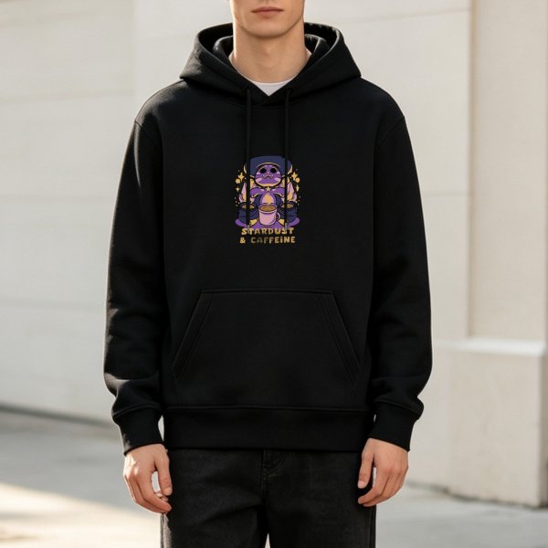 Black Hoodie with Stardust & Caffeine Witch Cat Graphic