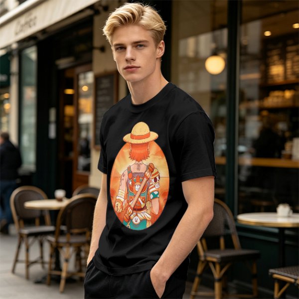 Olive T-Shirt Featuring Anime Character With Straw Hat Back View