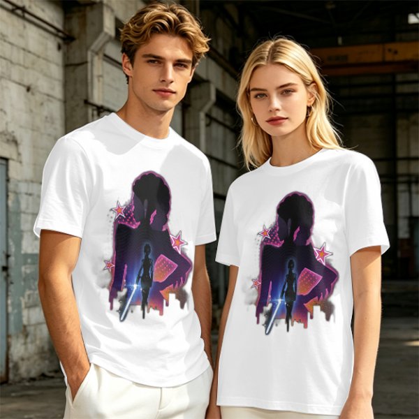 Olive t-shirt with neon star wars style female silhouette print